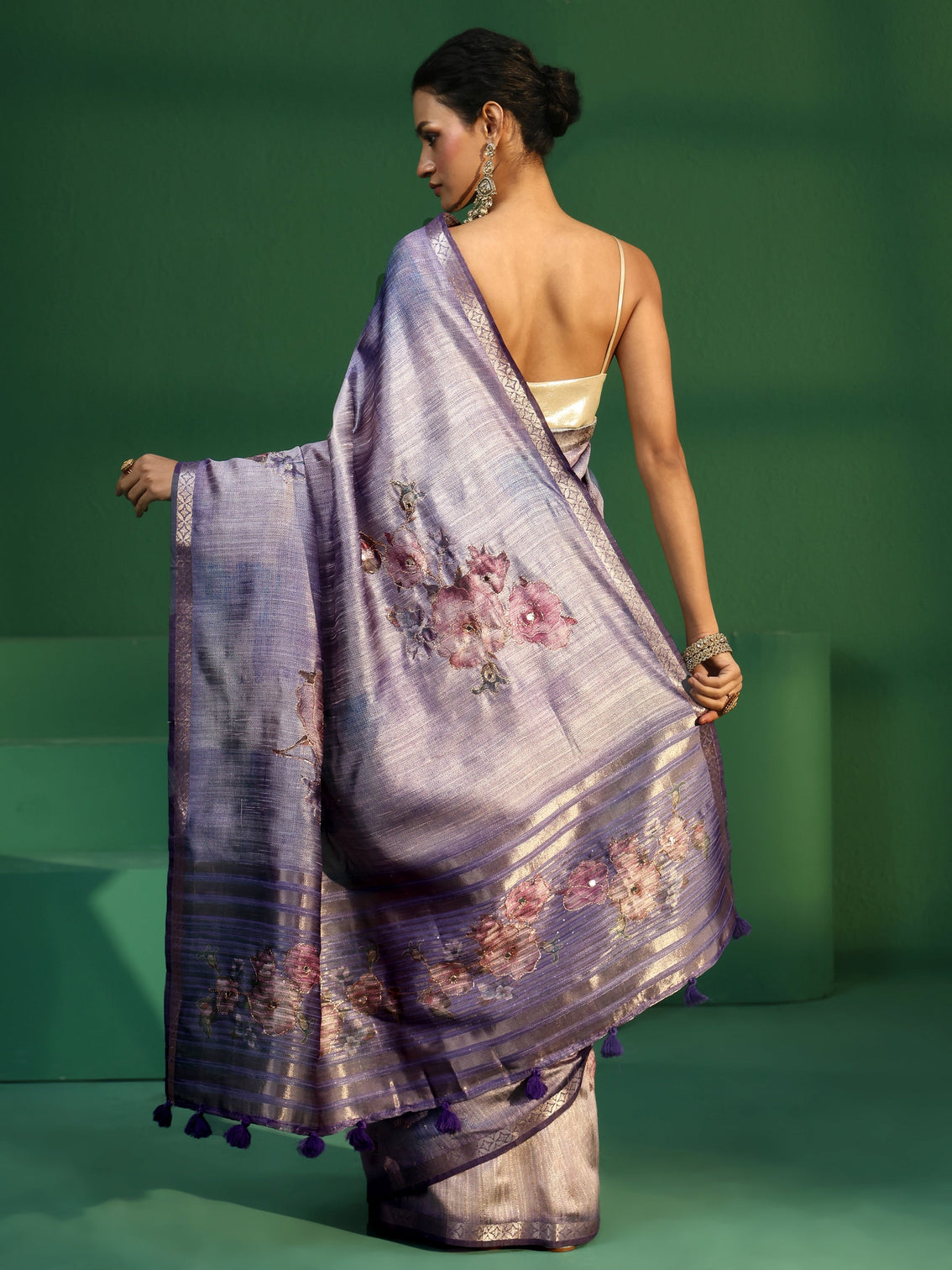 Mameraa Lavender Floral Print Silk Blend Saree