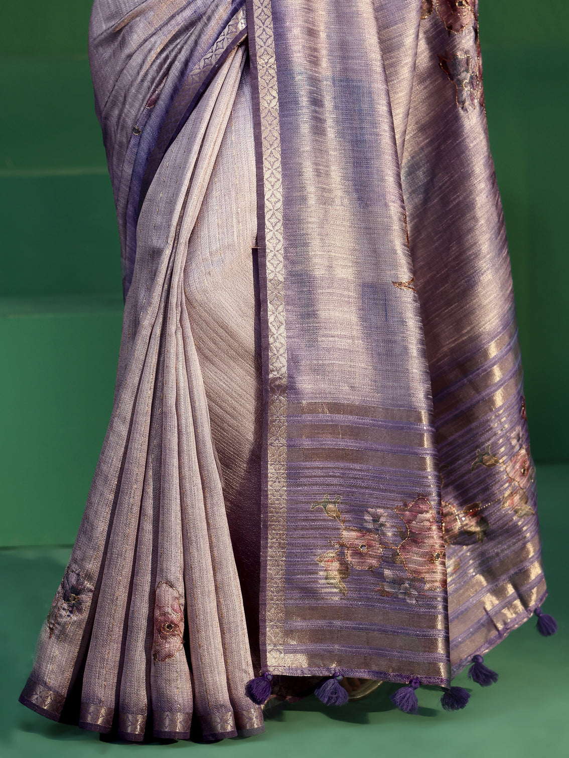 Mameraa Lavender Floral Print Silk Blend Saree