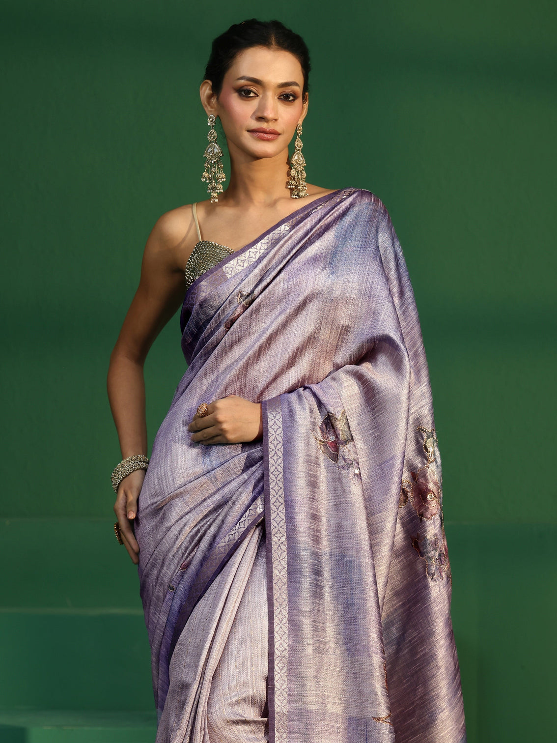 Mameraa Lavender Floral Print Silk Blend Saree