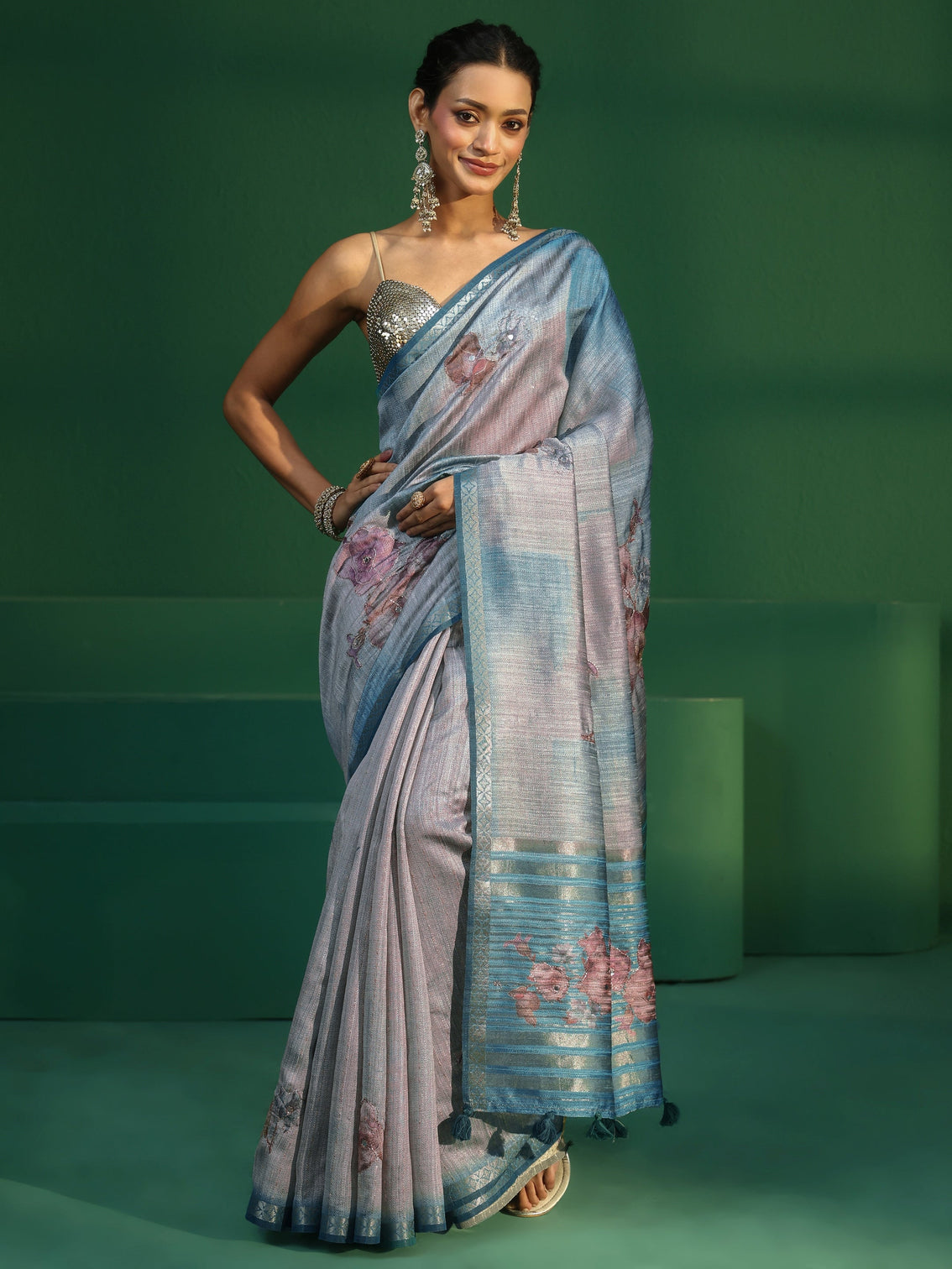 Mameraa Aqua Blue Floral Print Silk Blend Saree