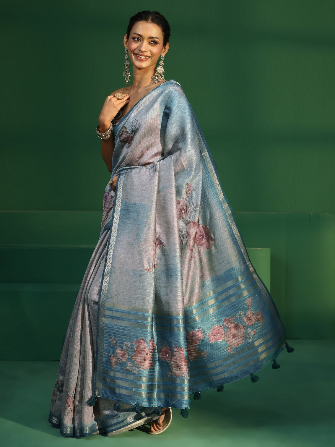 Mameraa Aqua Blue Floral Print Silk Blend Saree