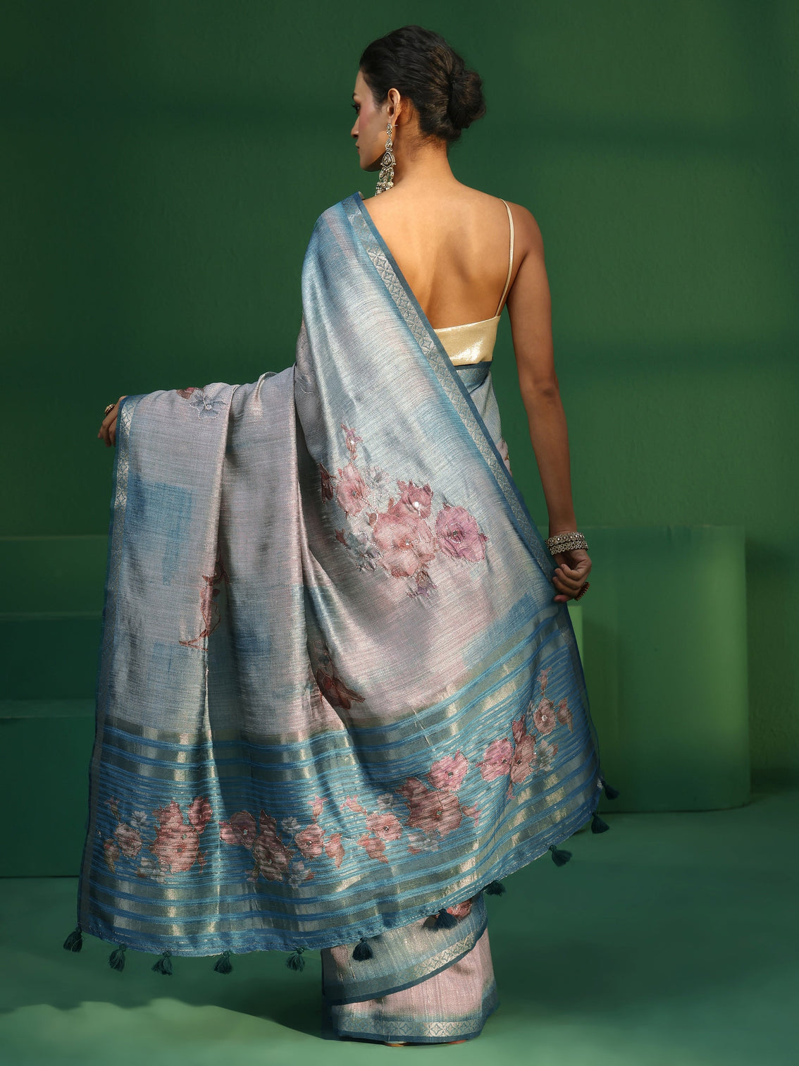Mameraa Aqua Blue Floral Print Silk Blend Saree