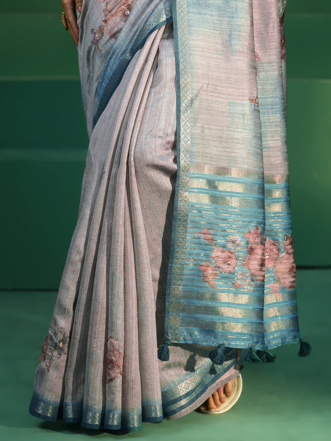Mameraa Aqua Blue Floral Print Silk Blend Saree
