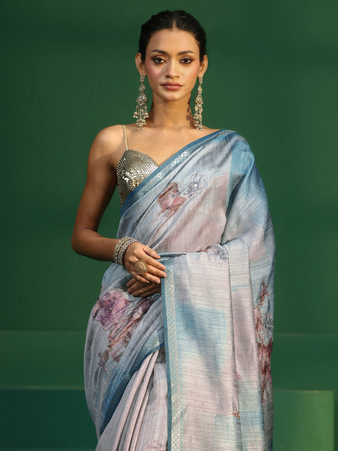 Mameraa Aqua Blue Floral Print Silk Blend Saree
