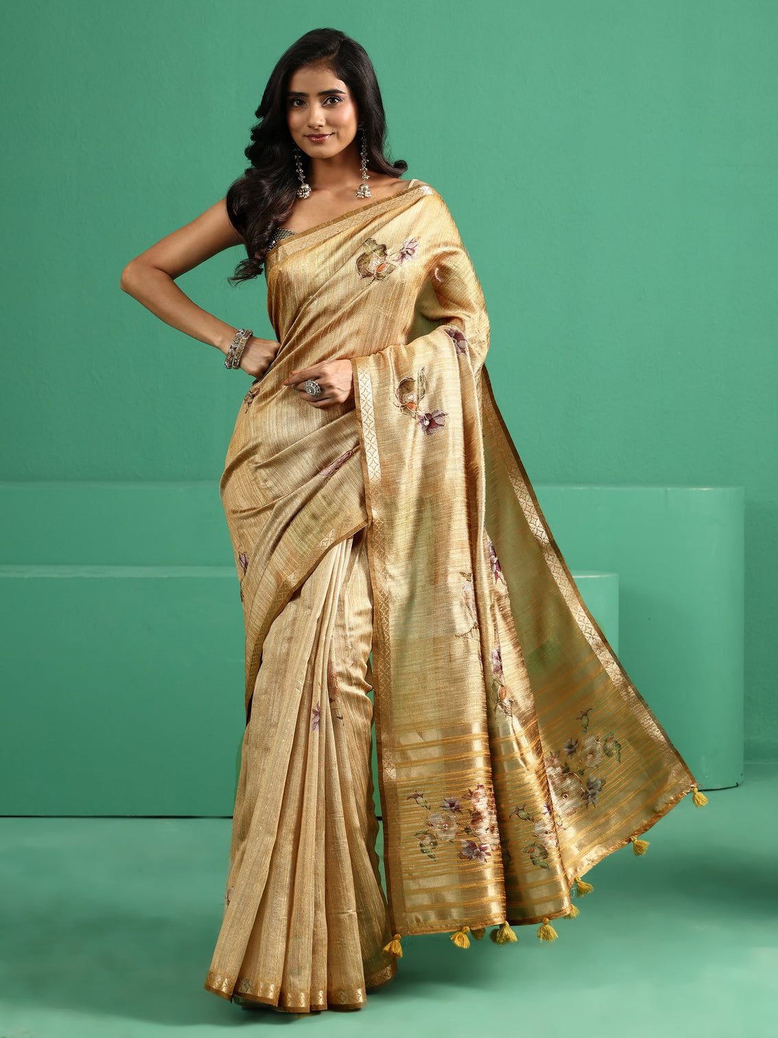 Mameraa Mustard Floral Print Silk Blend Saree