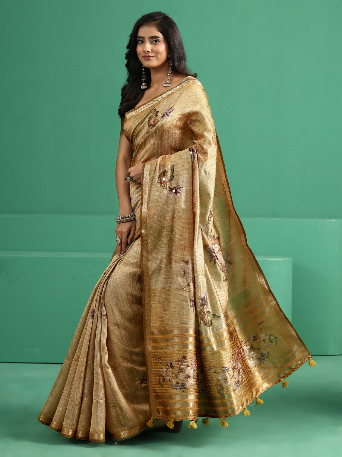 Mameraa Mustard Floral Print Silk Blend Saree