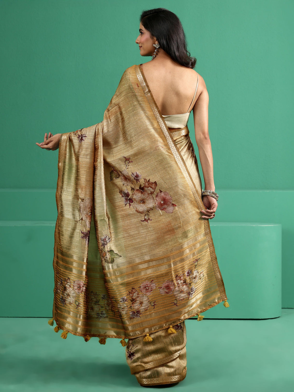 Mameraa Mustard Floral Print Silk Blend Saree