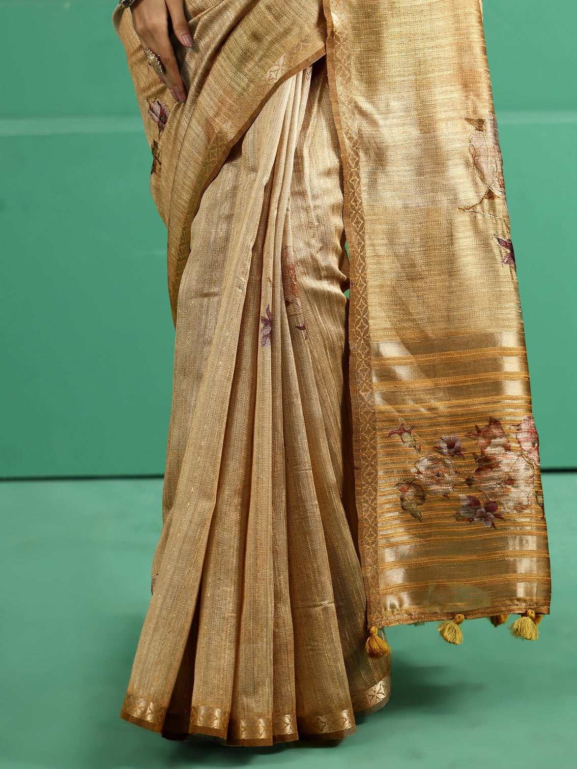 Mameraa Mustard Floral Print Silk Blend Saree