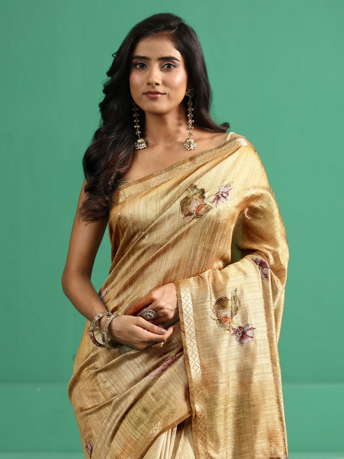 Mameraa Mustard Floral Print Silk Blend Saree
