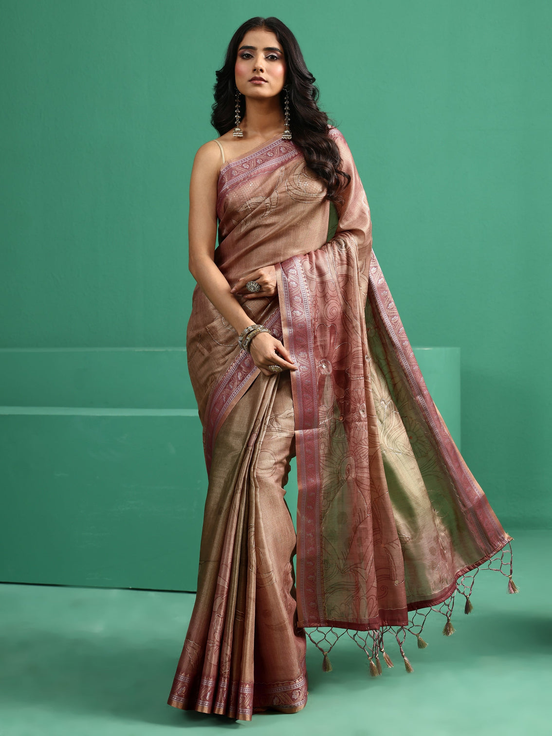 Mameraa Beige Floral Printed Silk Blend Saree