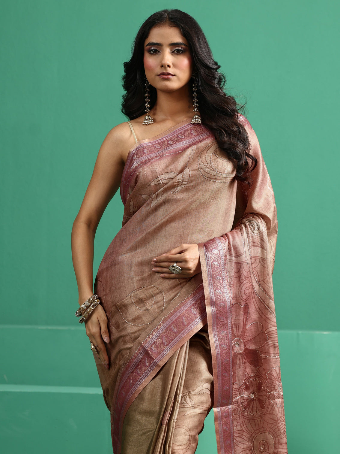 Mameraa Beige Floral Printed Silk Blend Saree