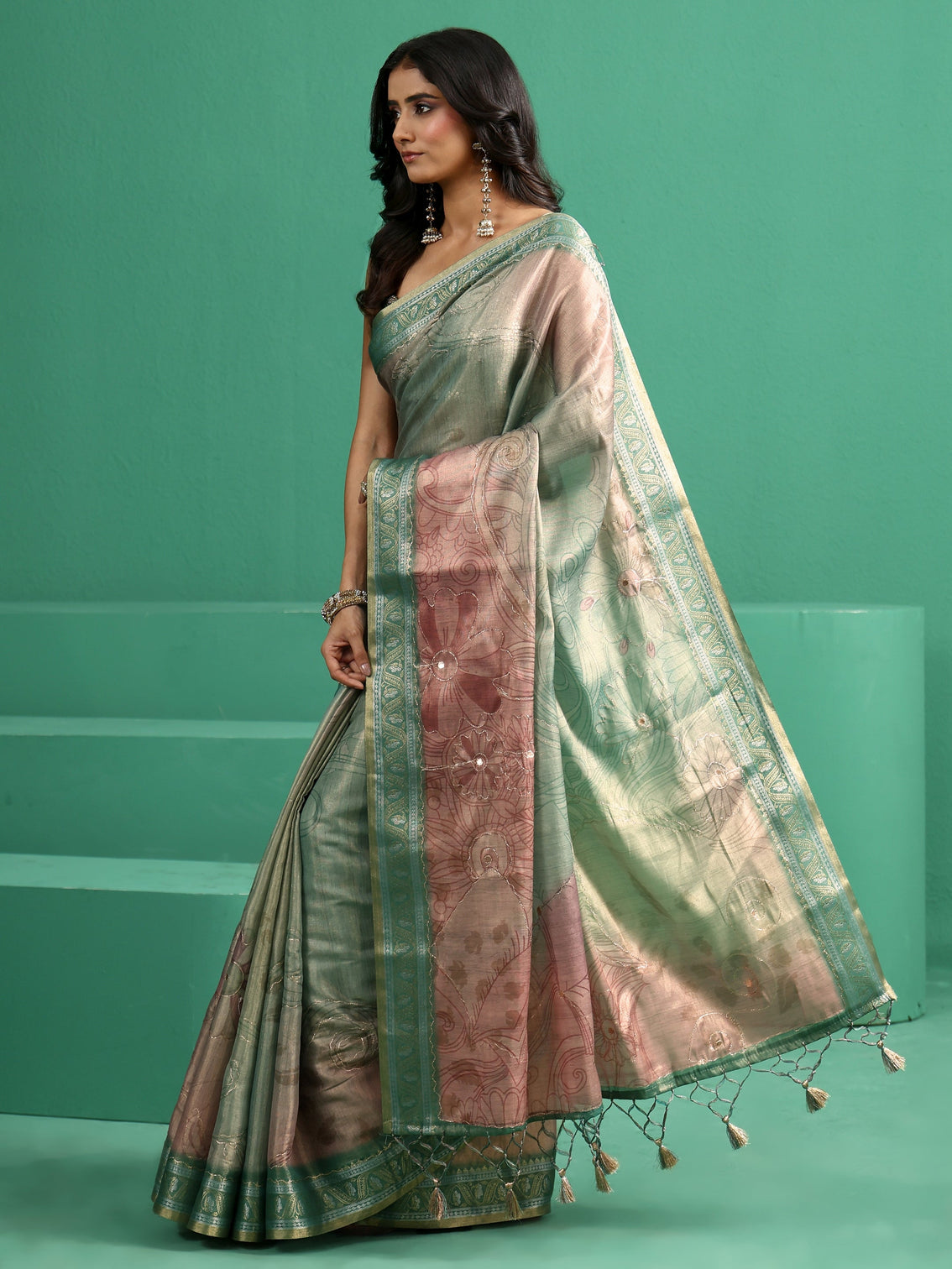 Mameraa Mist Green Floral Printed Silk Blend Saree