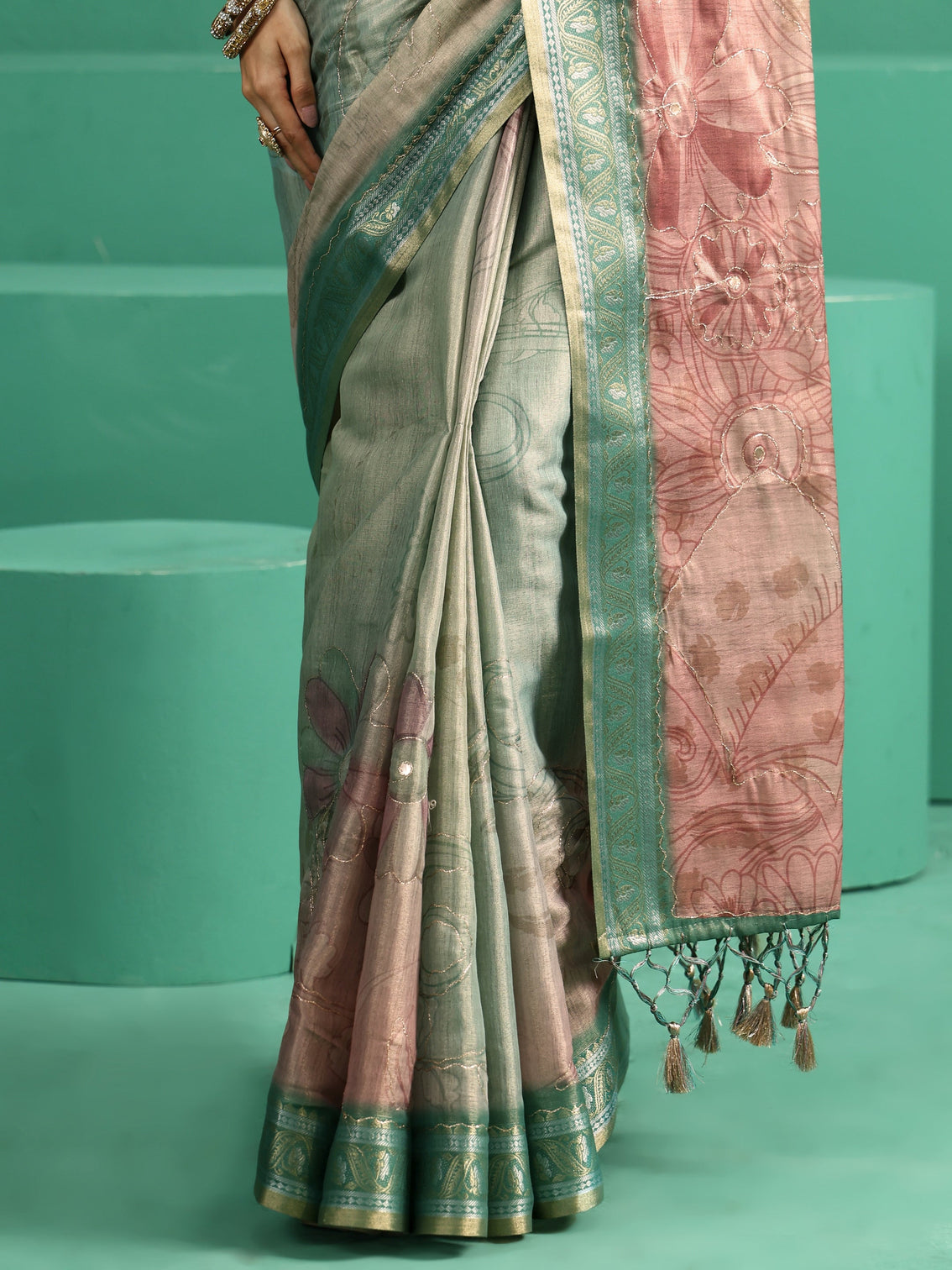 Mameraa Mist Green Floral Printed Silk Blend Saree