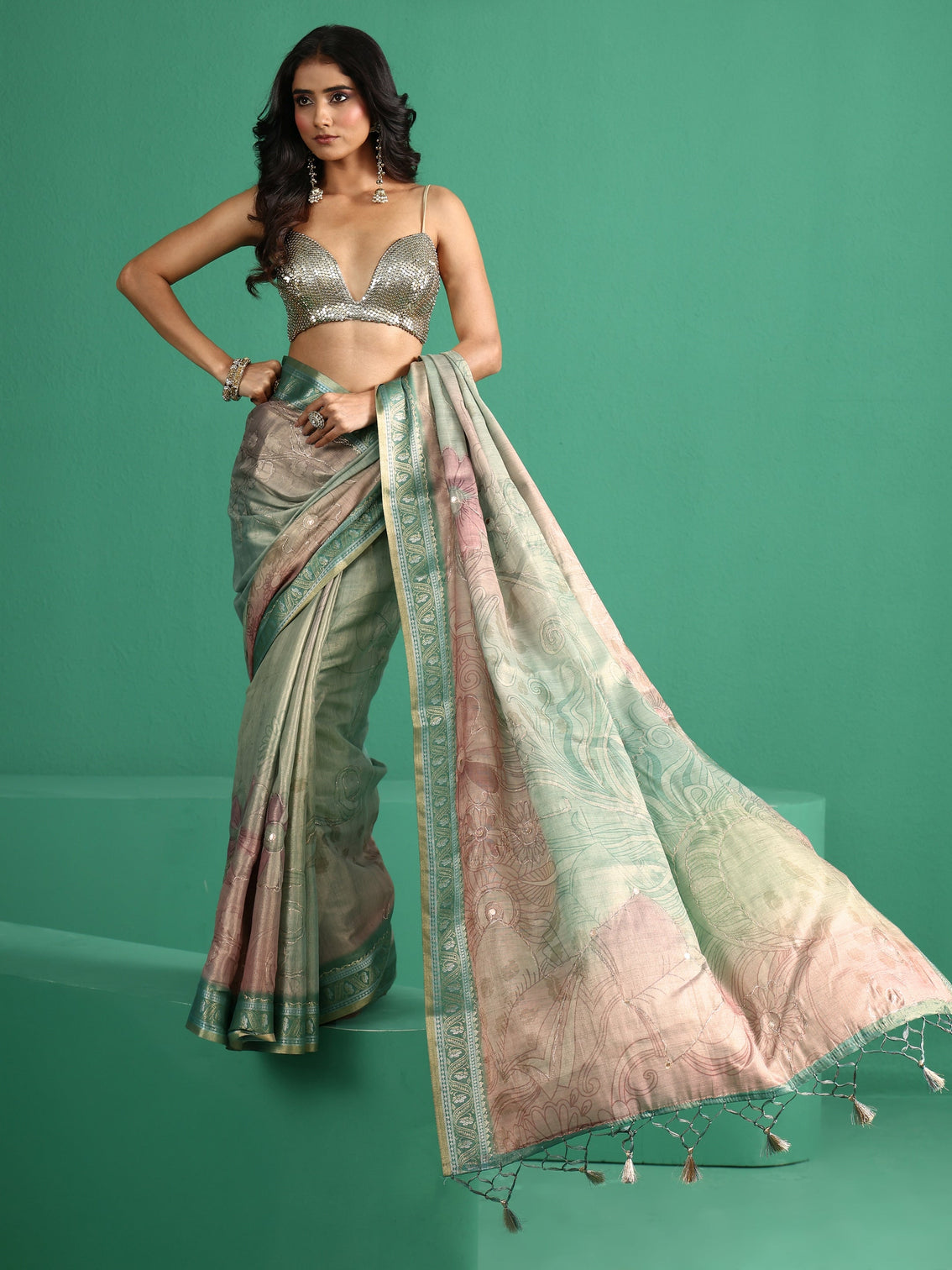 Mameraa Mist Green Floral Printed Silk Blend Saree