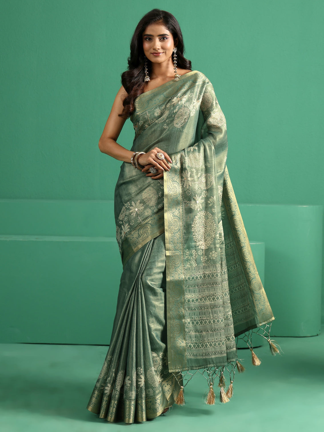 Mameraa Sage Green Pichwai Tree Print Silk Blend Saree