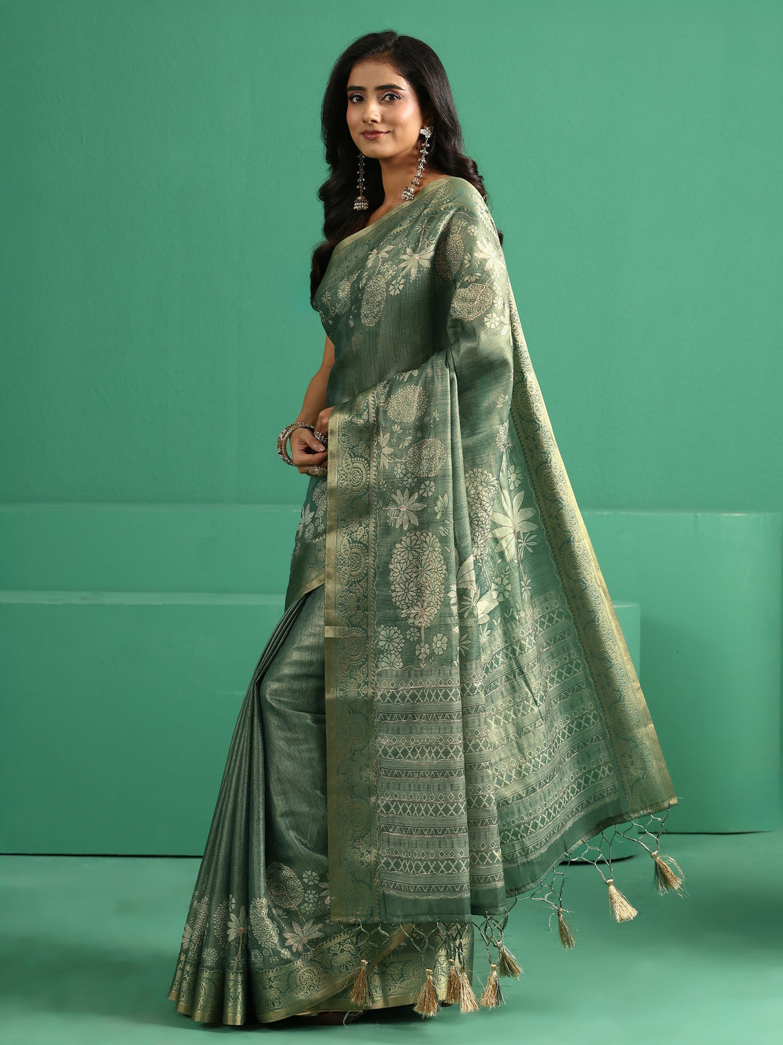Mameraa Sage Green Pichwai Tree Print Silk Blend Saree