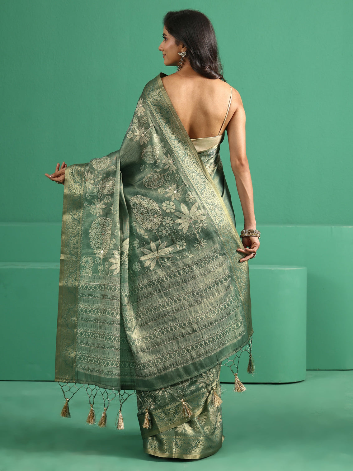 Mameraa Sage Green Pichwai Tree Print Silk Blend Saree