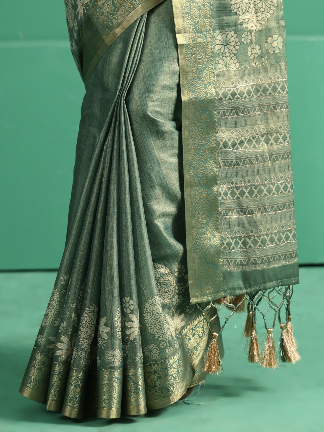 Mameraa Sage Green Pichwai Tree Print Silk Blend Saree
