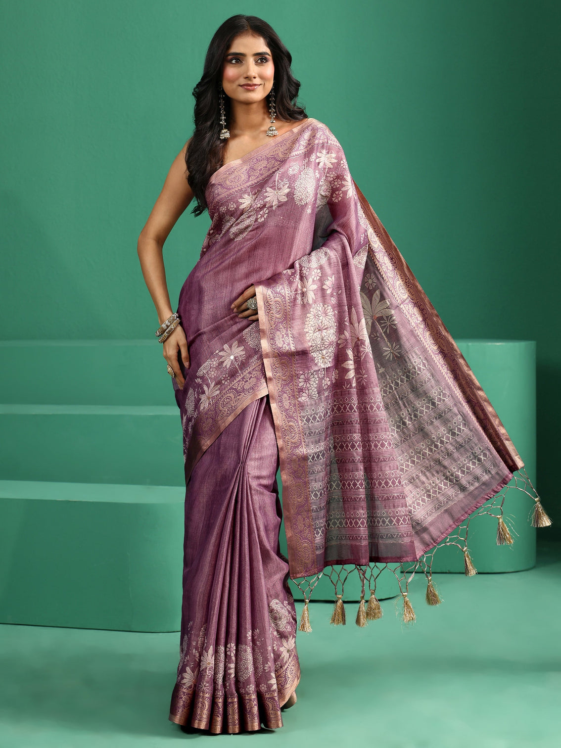 Mameraa Lavender Pichwai Tree Print Silk Blend Saree