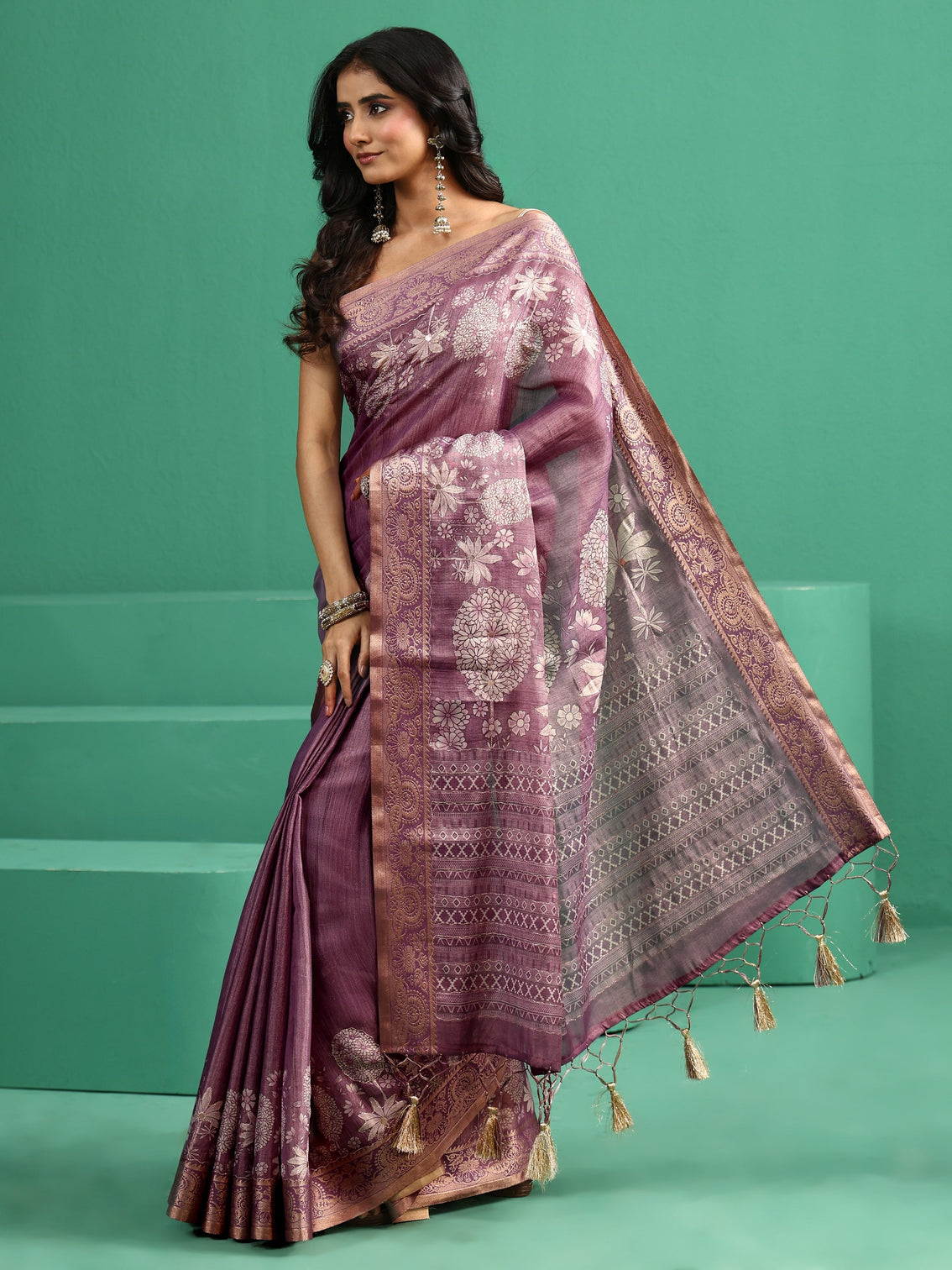 Mameraa Lavender Pichwai Tree Print Silk Blend Saree
