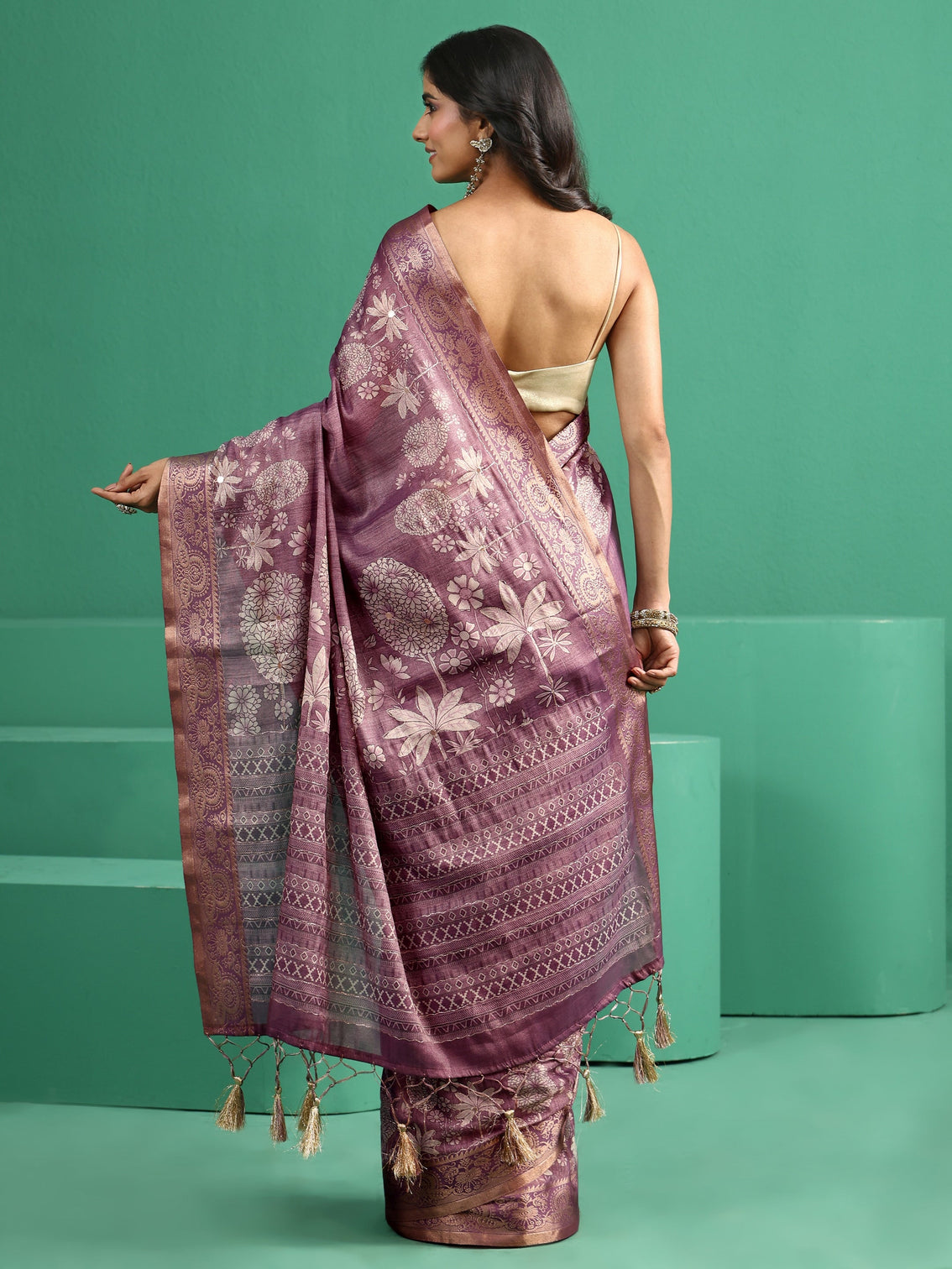 Mameraa Lavender Pichwai Tree Print Silk Blend Saree