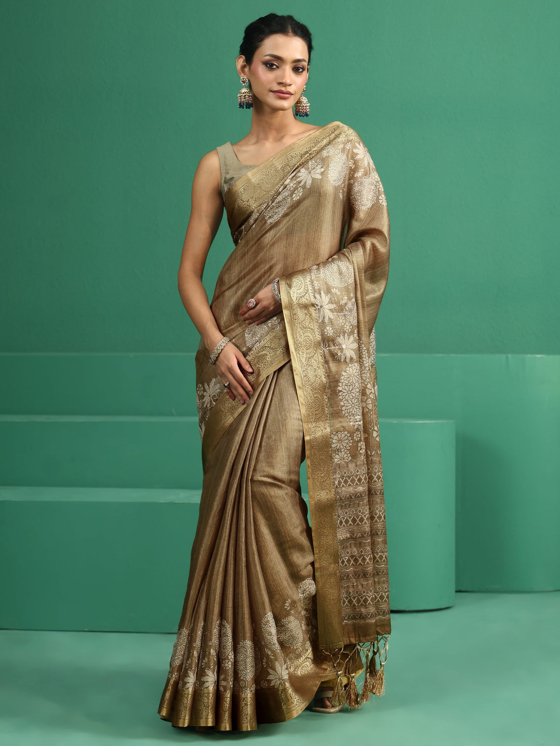Mameraa Olive Green Pichwai Tree Print Silk Blend Saree