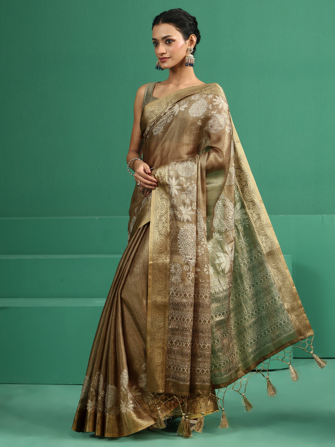 Mameraa Olive Green Pichwai Tree Print Silk Blend Saree