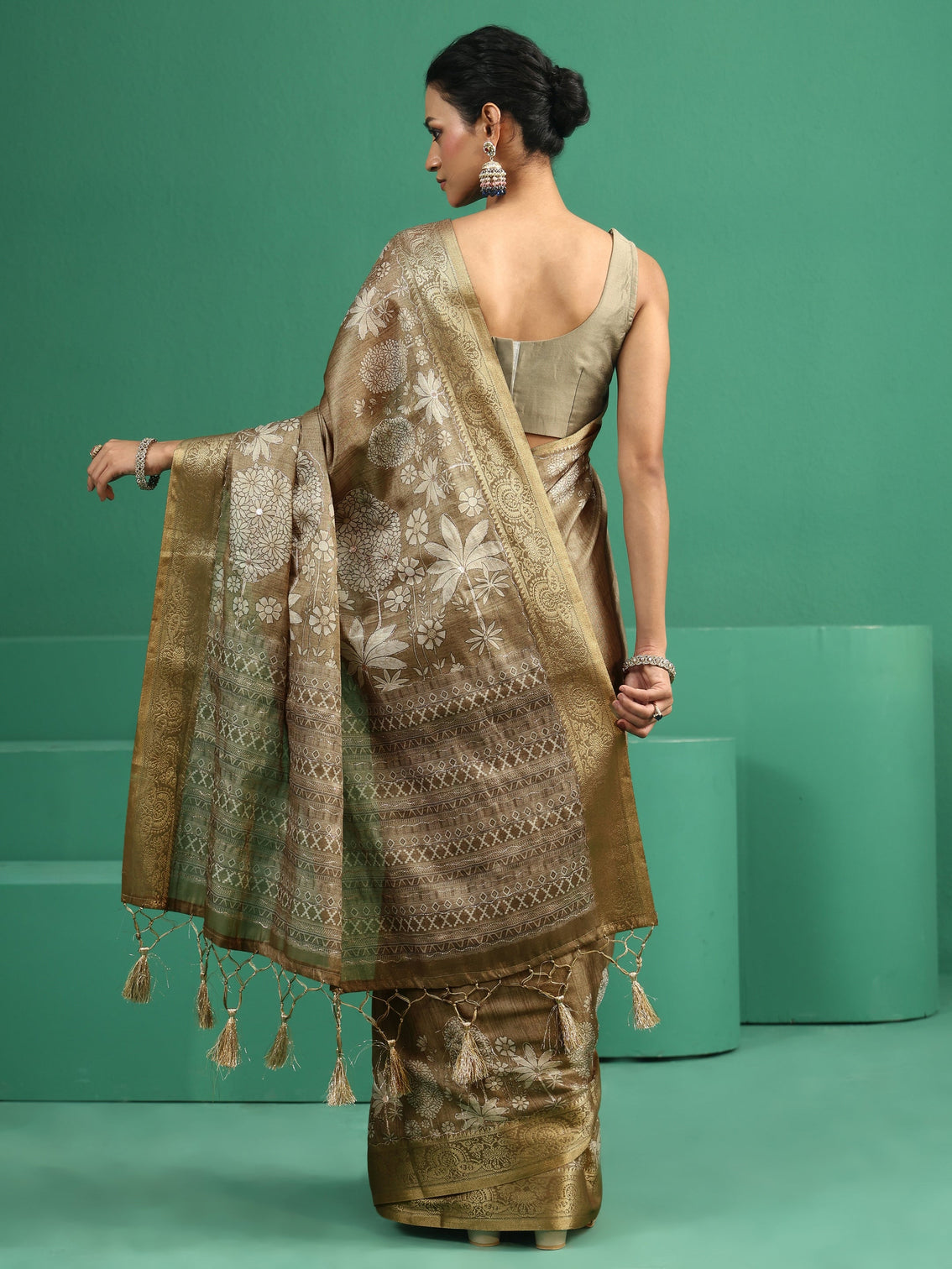 Mameraa Olive Green Pichwai Tree Print Silk Blend Saree