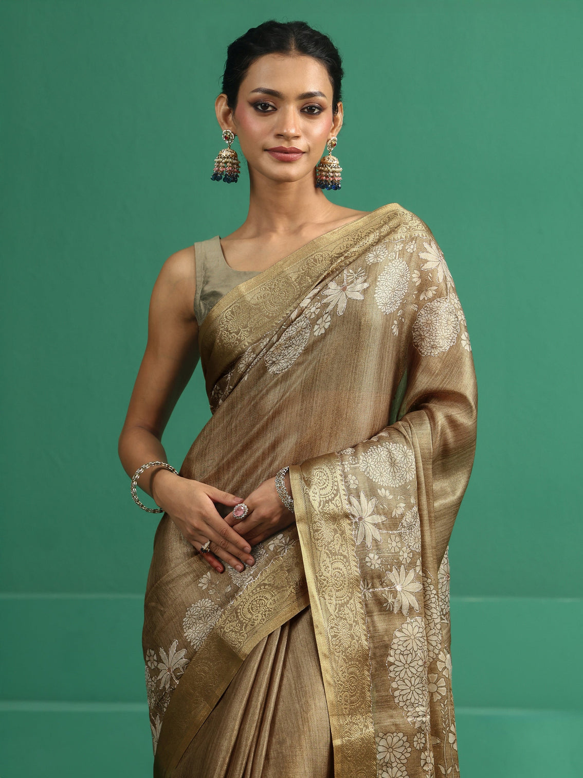 Mameraa Olive Green Pichwai Tree Print Silk Blend Saree