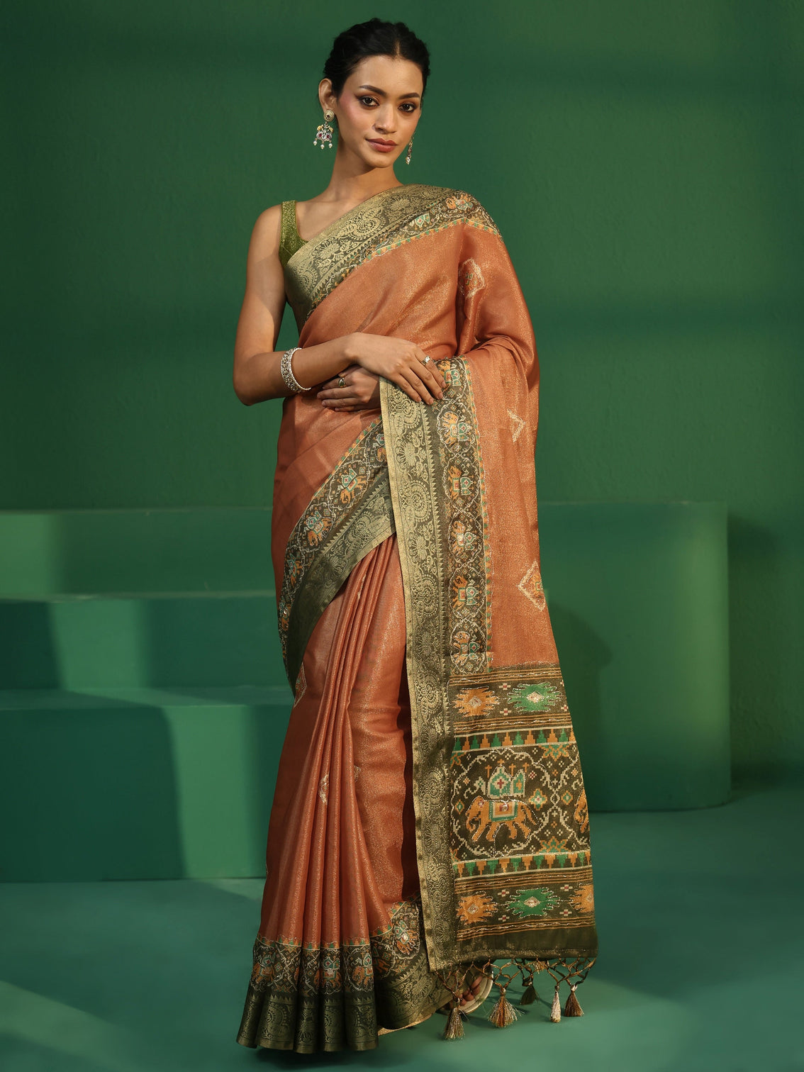 Mameraa Rust Silk Blend Saree with Patola Border