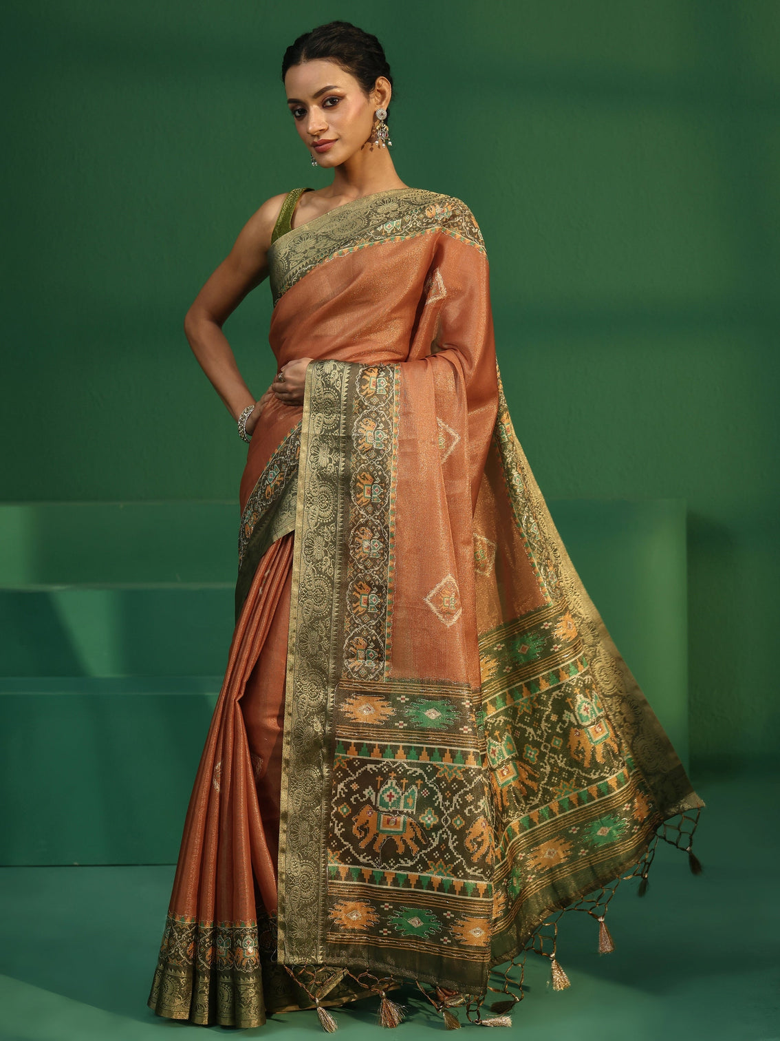 Mameraa Rust Silk Blend Saree with Patola Border