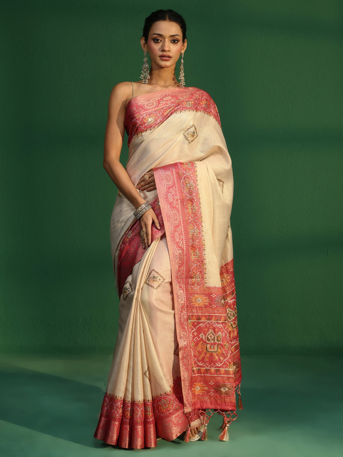 Mameraa Cream Silk Blend Saree with Patola Border