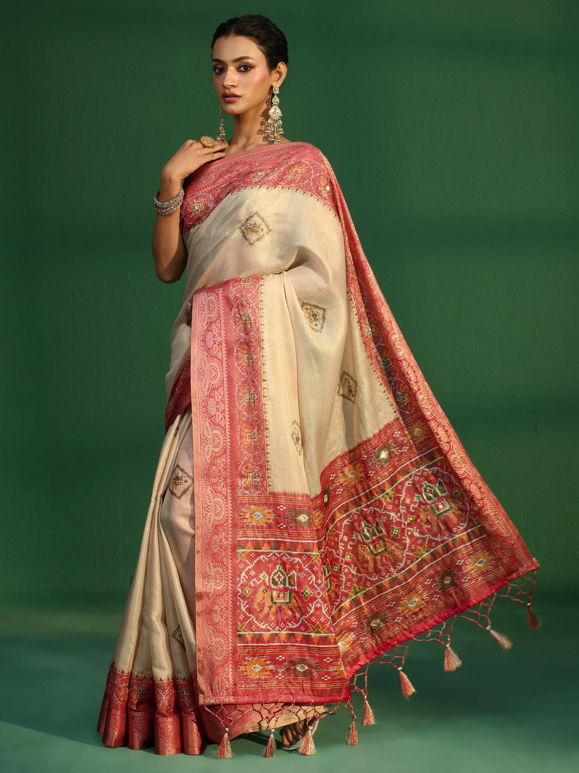 Mameraa Cream Silk Blend Saree with Patola Border