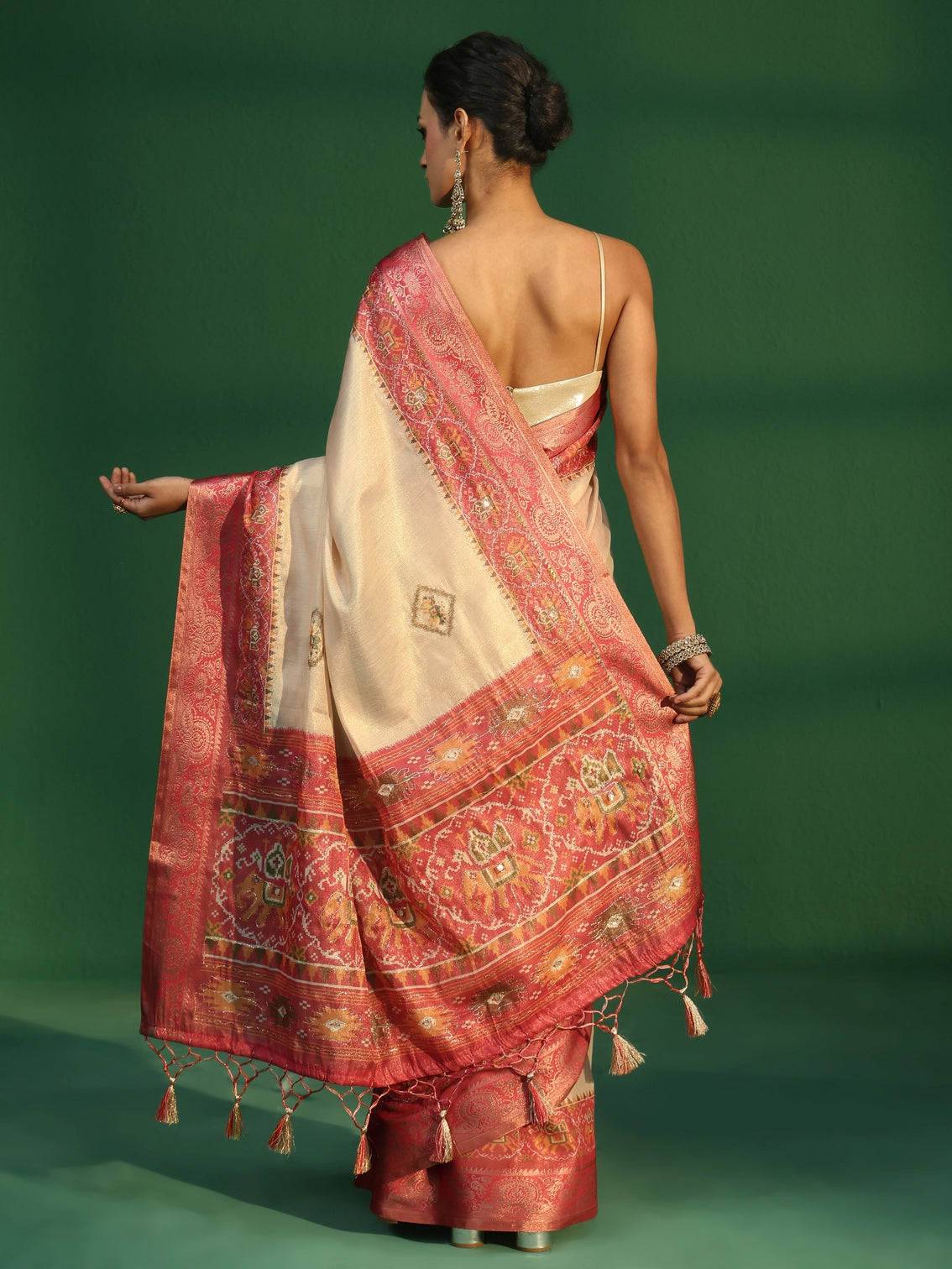 Mameraa Cream Silk Blend Saree with Patola Border