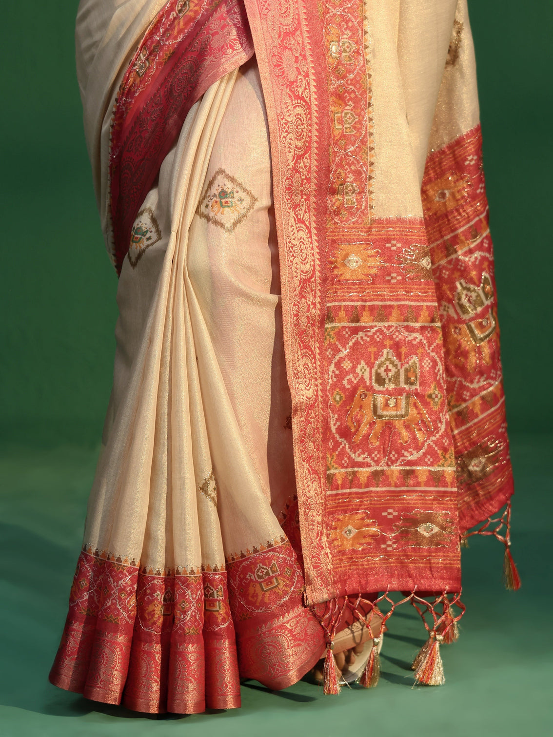 Mameraa Cream Silk Blend Saree with Patola Border