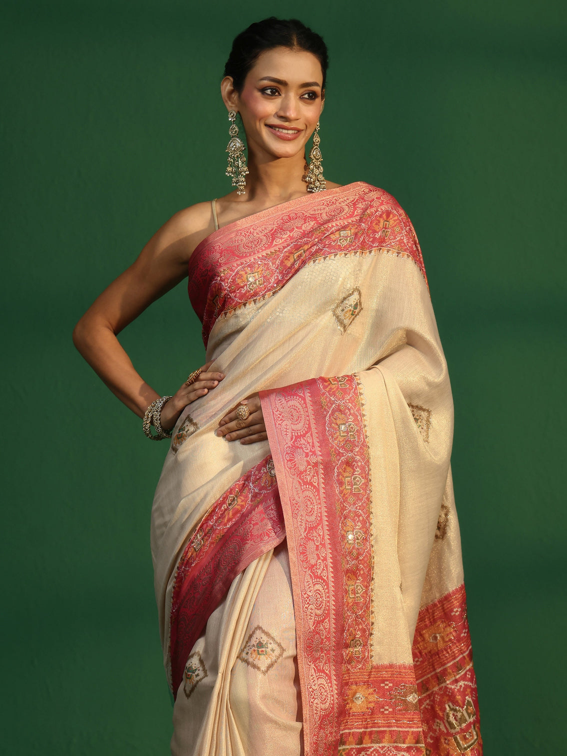 Mameraa Cream Silk Blend Saree with Patola Border