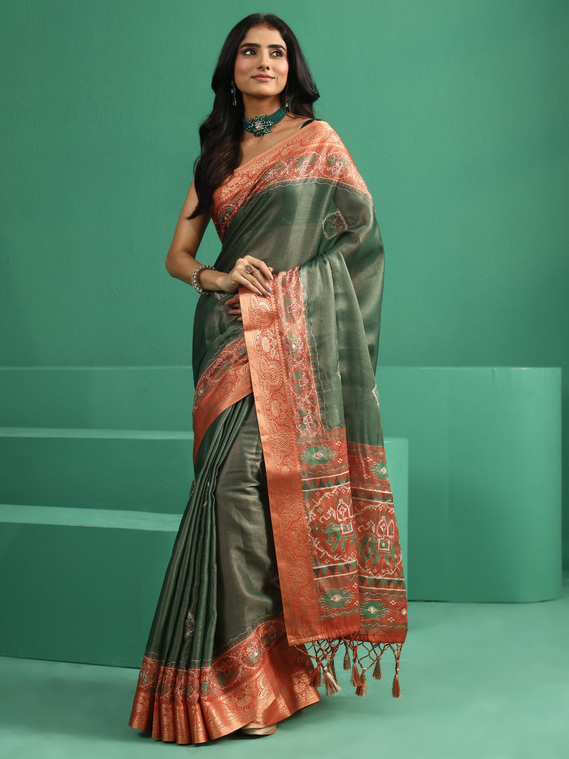 Mameraa Forest Green Silk Blend Saree with Patola Border