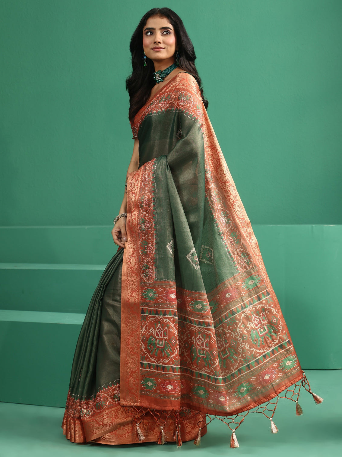 Mameraa Forest Green Silk Blend Saree with Patola Border