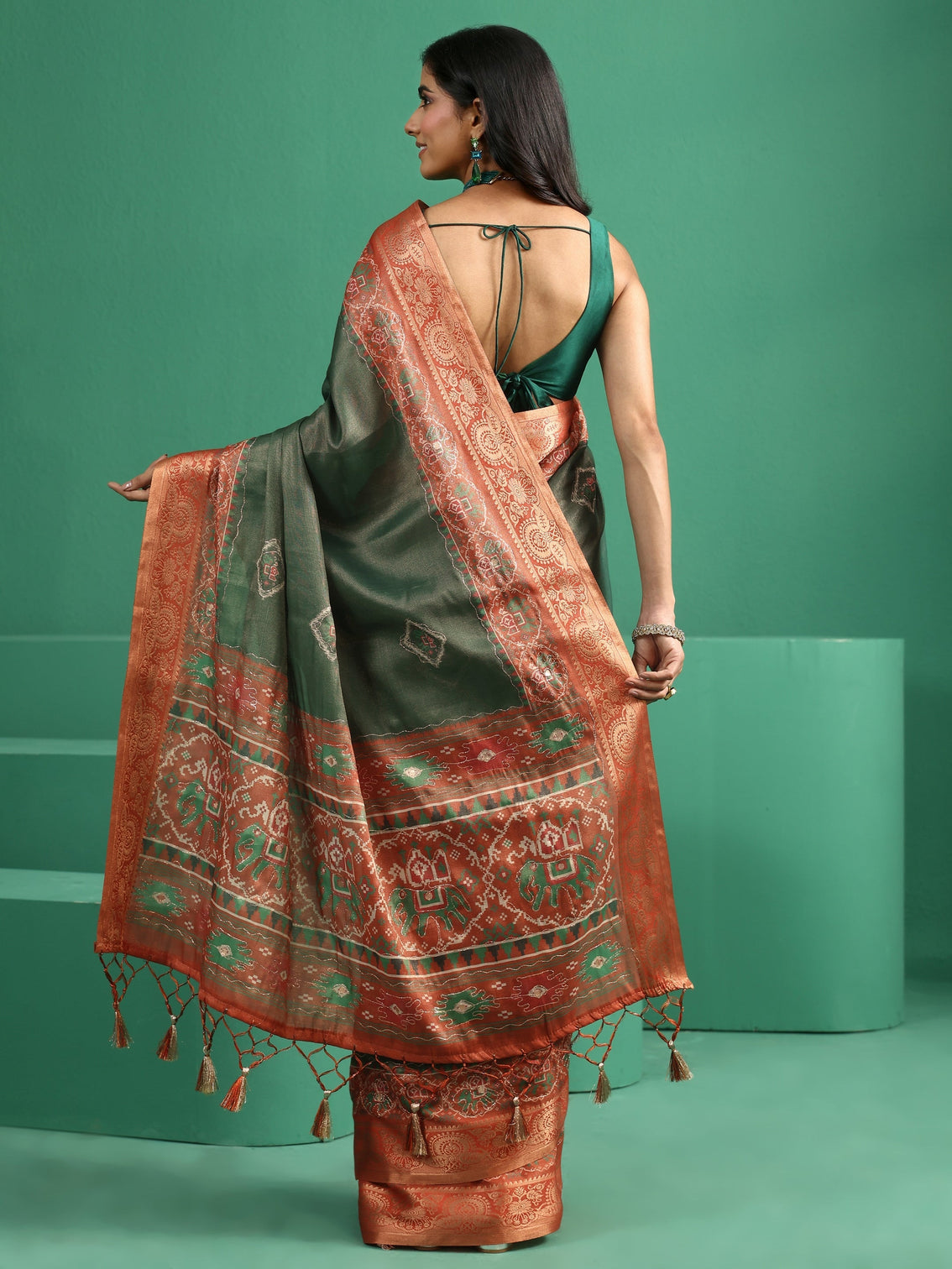 Mameraa Forest Green Silk Blend Saree with Patola Border