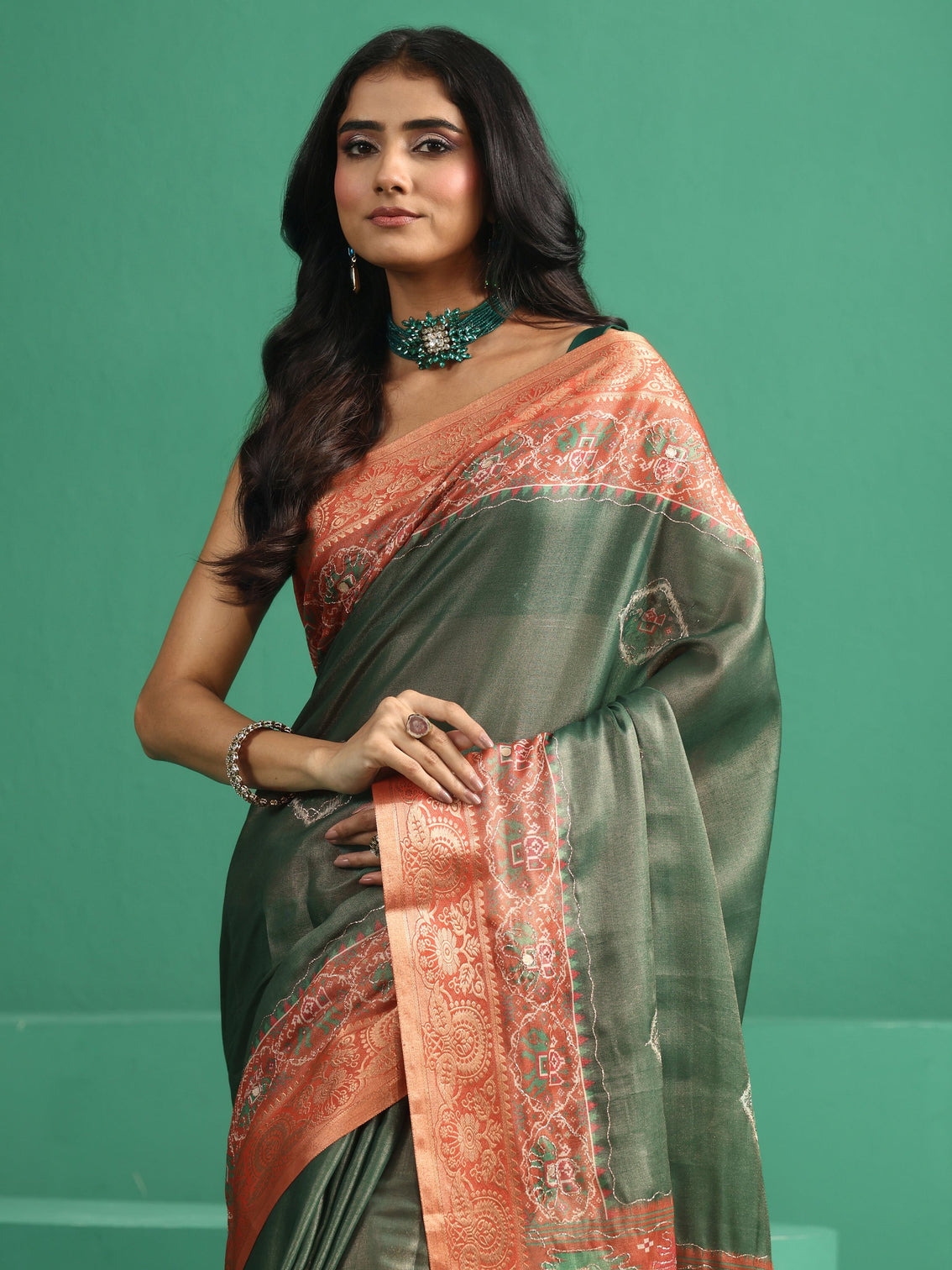 Mameraa Forest Green Silk Blend Saree with Patola Border