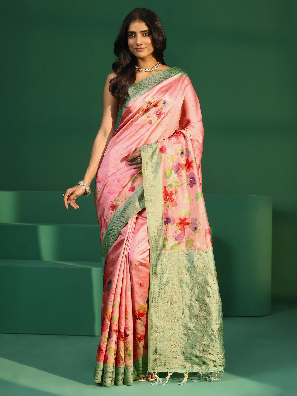 Mameraa Pink Floral Print Silk Blend Saree with Embellished Border