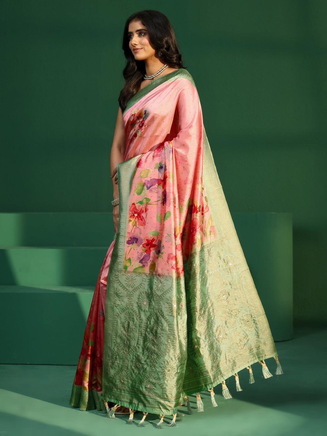 Mameraa Pink Floral Print Silk Blend Saree with Embellished Border