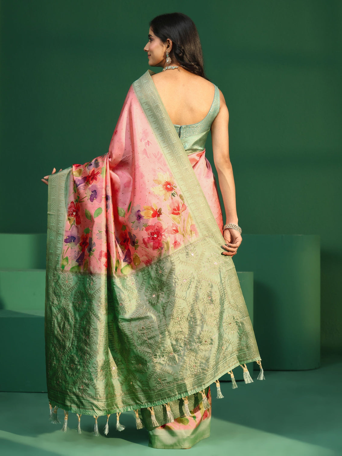 Mameraa Pink Floral Print Silk Blend Saree with Embellished Border