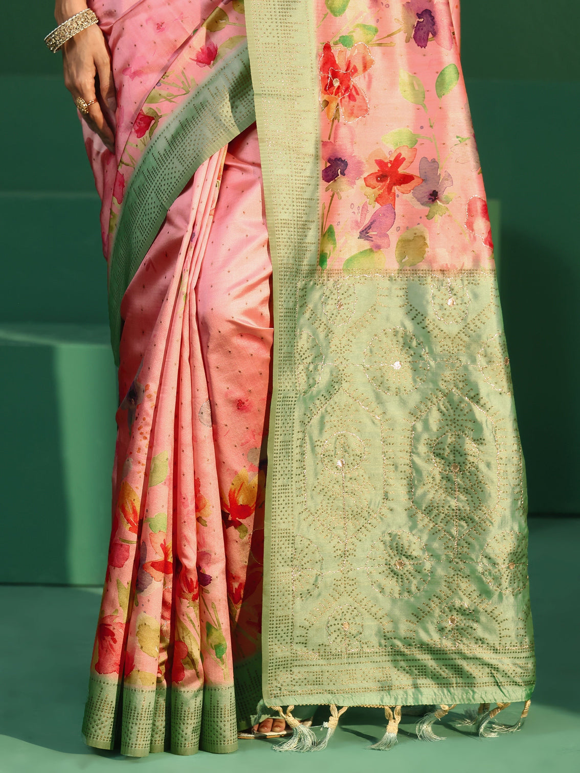 Mameraa Pink Floral Print Silk Blend Saree with Embellished Border