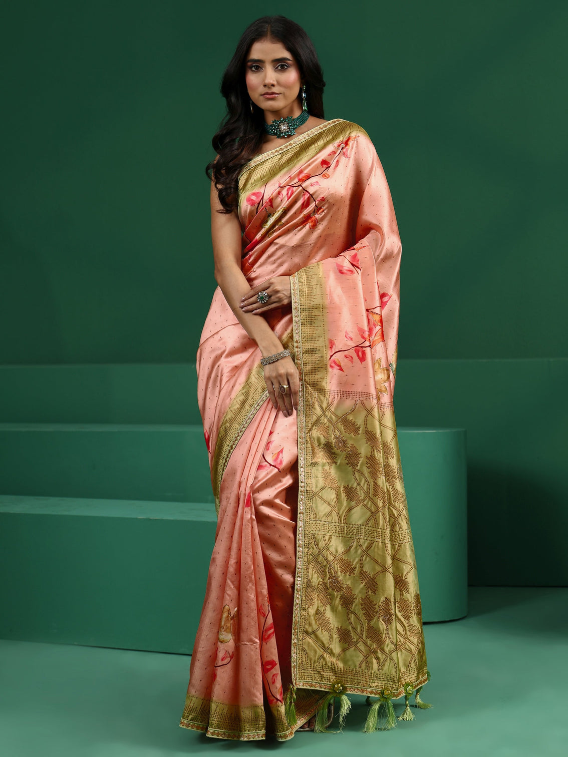 Mameraa Peach Floral Print Silk Blend Saree with Embellished Border