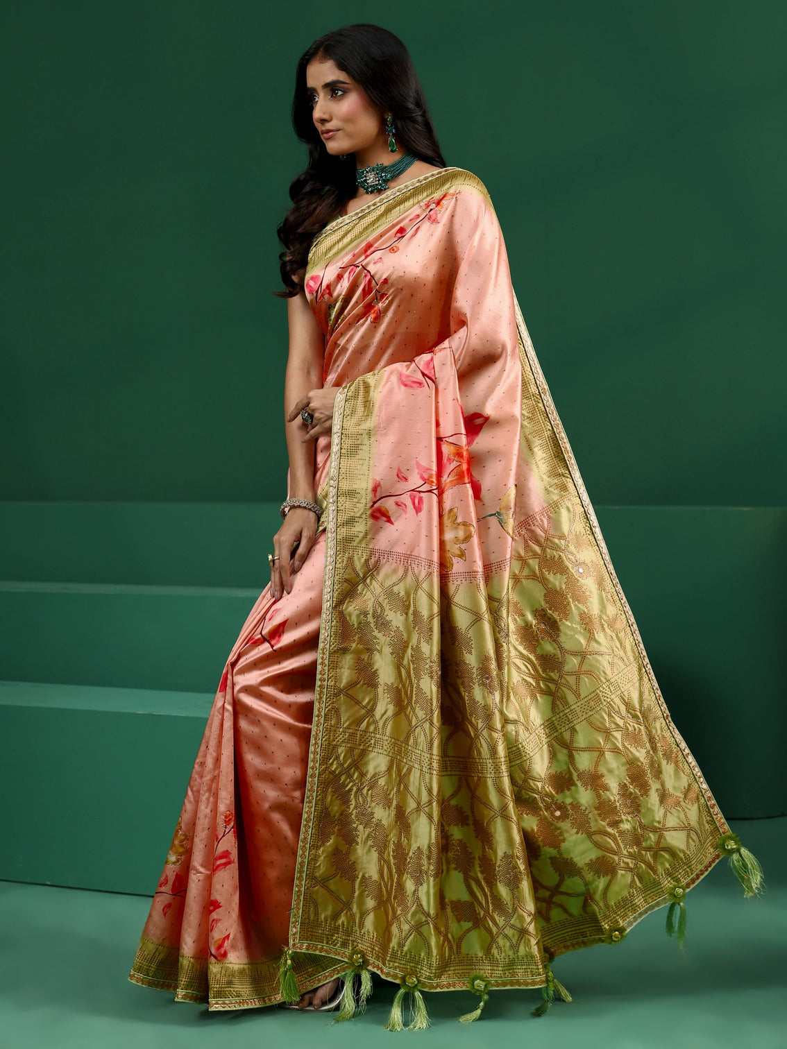 Mameraa Peach Floral Print Silk Blend Saree with Embellished Border