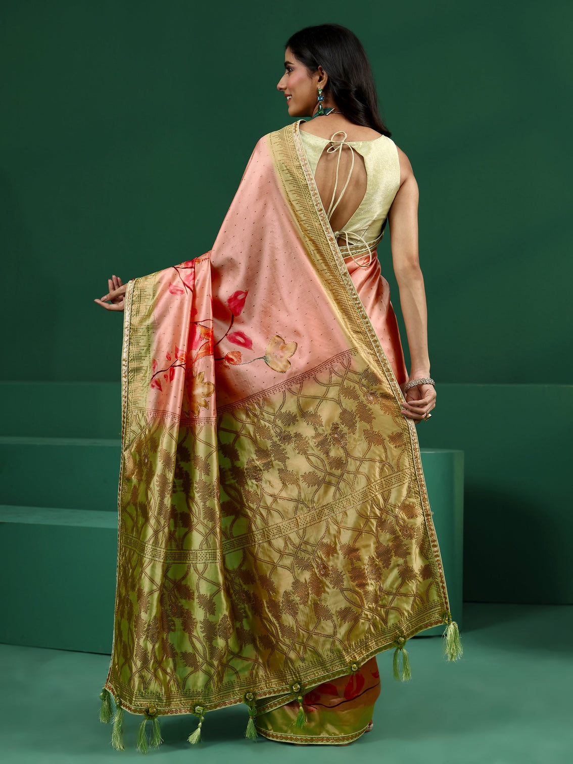Mameraa Peach Floral Print Silk Blend Saree with Embellished Border