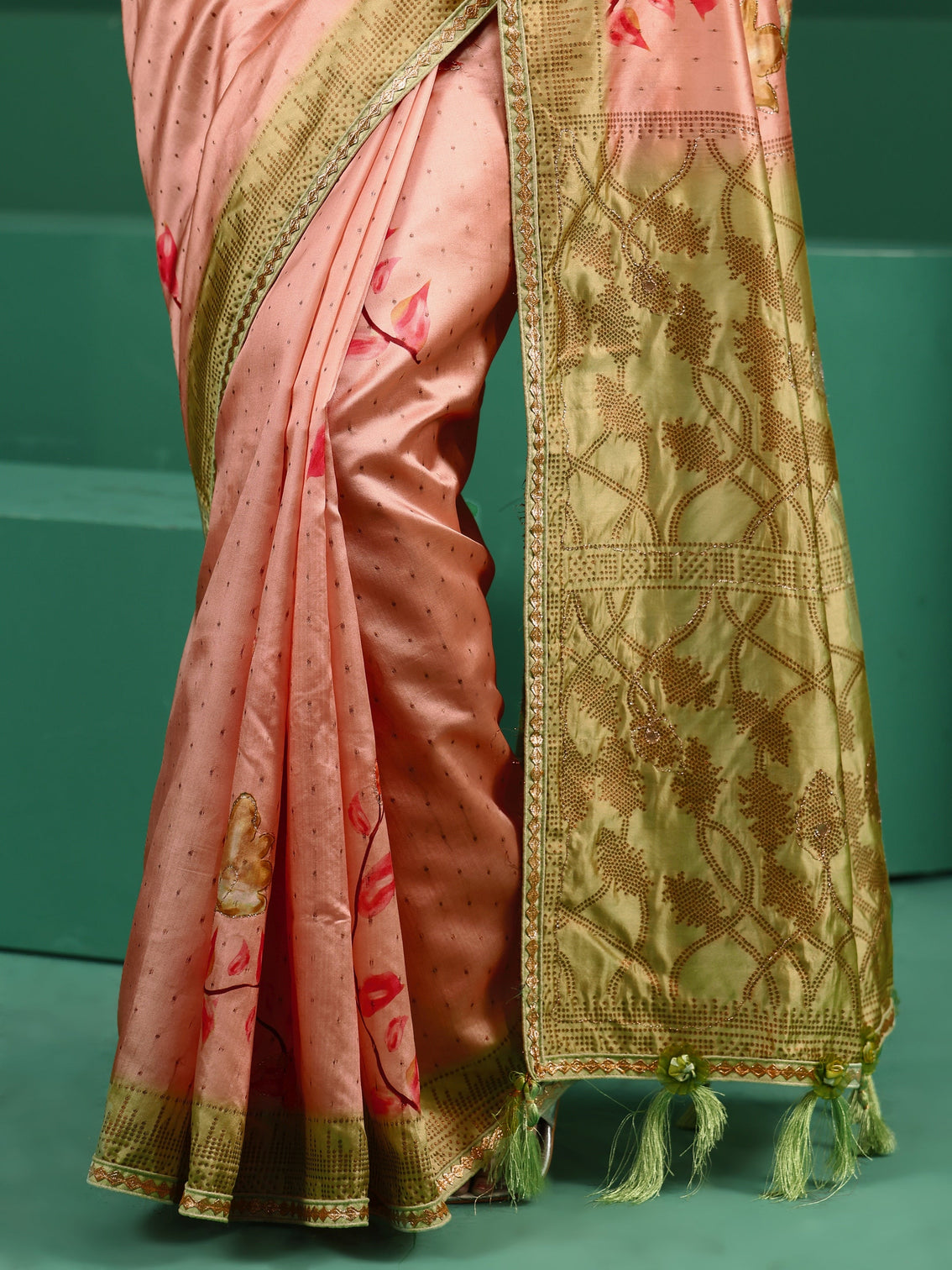 Mameraa Peach Floral Print Silk Blend Saree with Embellished Border
