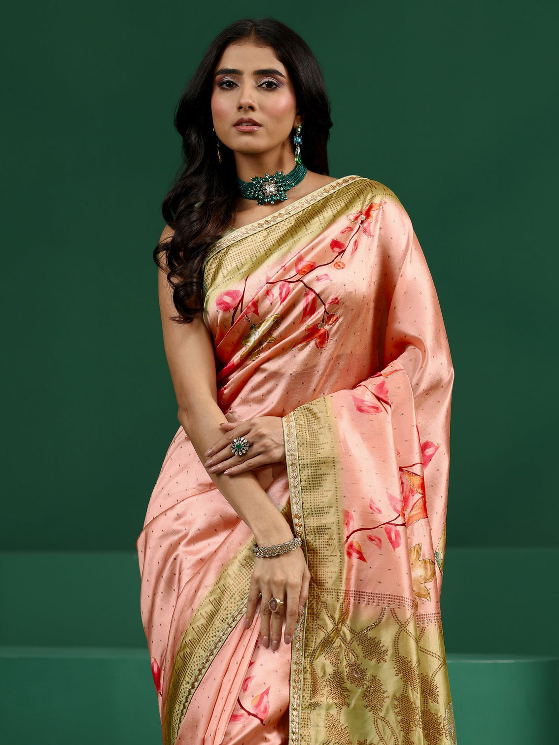 Mameraa Peach Floral Print Silk Blend Saree with Embellished Border