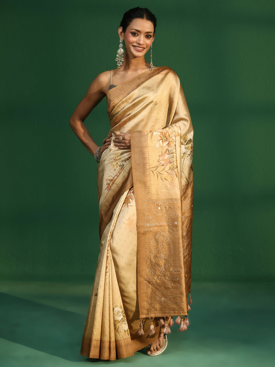 Mameraa Mustard Floral Print Silk Blend Saree with Embellished Border